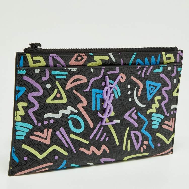 Pre Owned Saint Laurent Multicolor Printed Leather Monogram Zip Bill Pouch