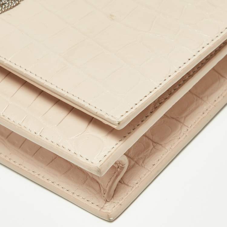 Pre Owned Saint Laurent Pink Croc Embossed Leather Kate Tassel Chain Wallet