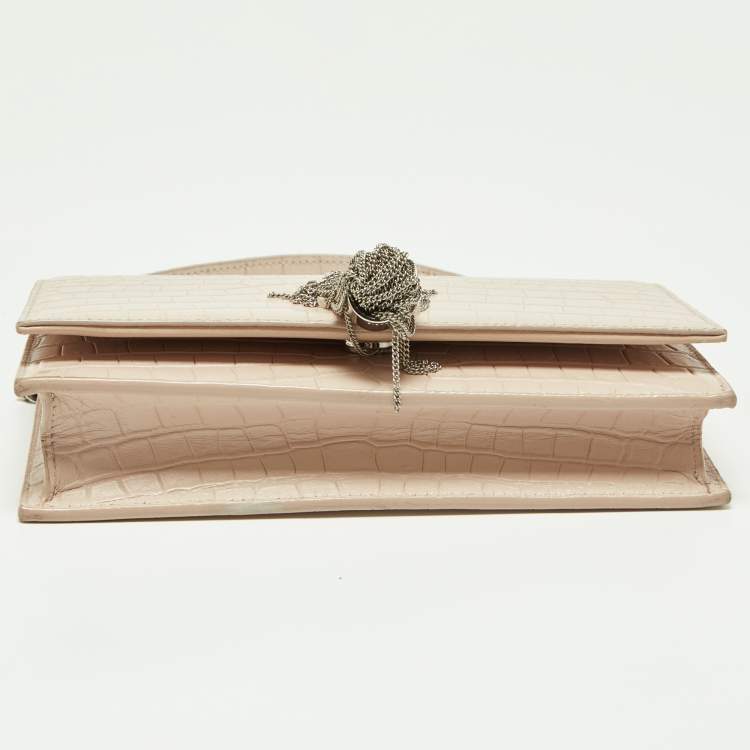 Pre Owned Saint Laurent Pink Croc Embossed Leather Kate Tassel Chain Wallet