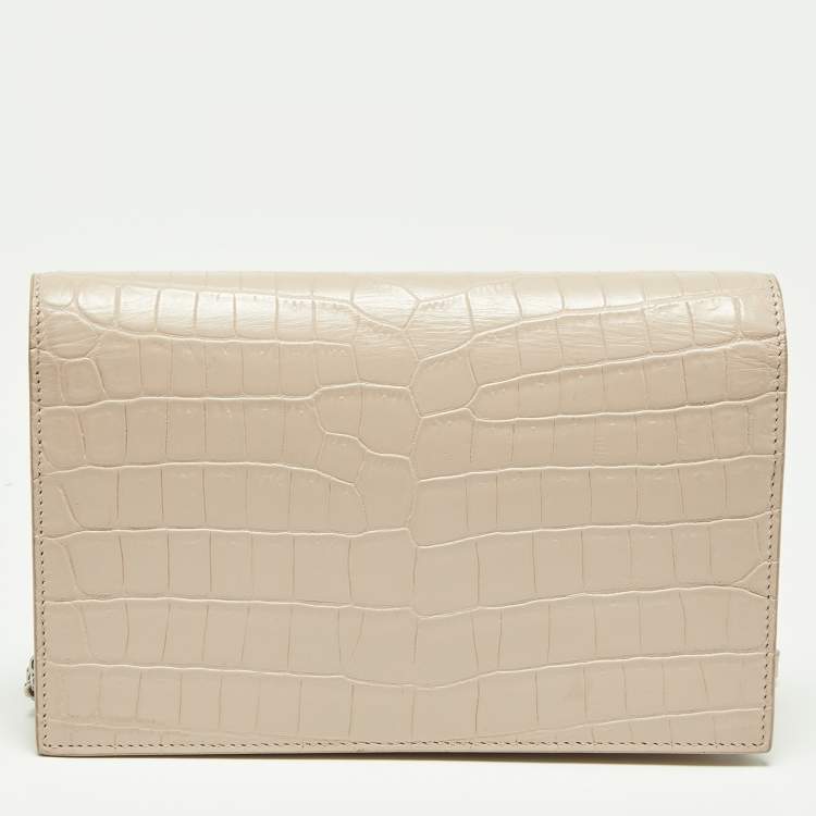 Pre Owned Saint Laurent Pink Croc Embossed Leather Kate Tassel Chain Wallet