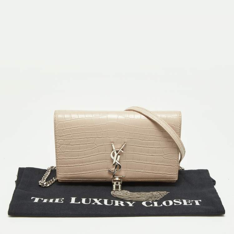 Pre Owned Saint Laurent Pink Croc Embossed Leather Kate Tassel Chain Wallet