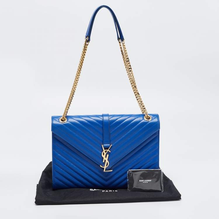Pre Owned Saint Laurent Blue Matelassé Leather Large Monogram Envelope Shoulder Bag
