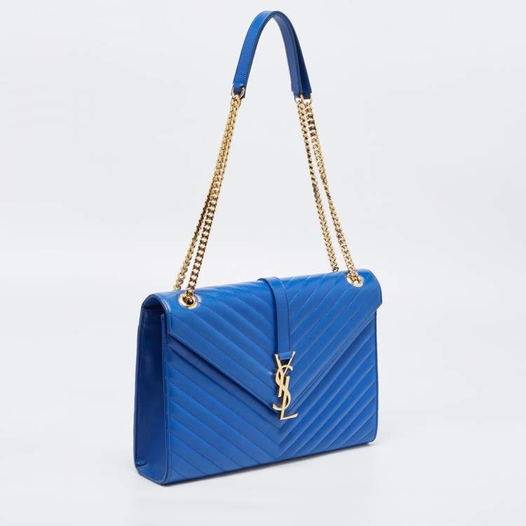 Pre Owned Saint Laurent Blue Matelassé Leather Large Monogram Envelope Shoulder Bag