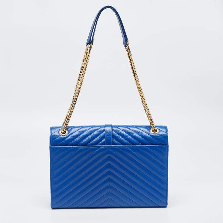 Pre Owned Saint Laurent Blue Matelassé Leather Large Monogram Envelope Shoulder Bag