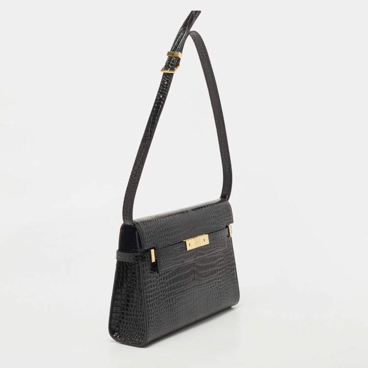 Pre Owned Saint Laurent Black Croc Embossed Leather Manhattan Shoulder Bag