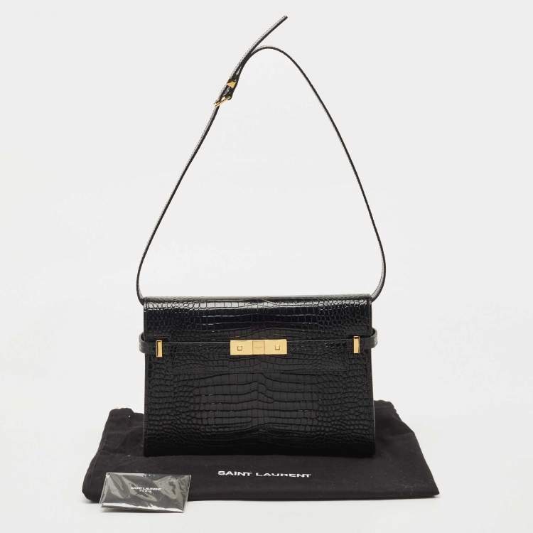 Pre Owned Saint Laurent Black Croc Embossed Leather Manhattan Shoulder Bag