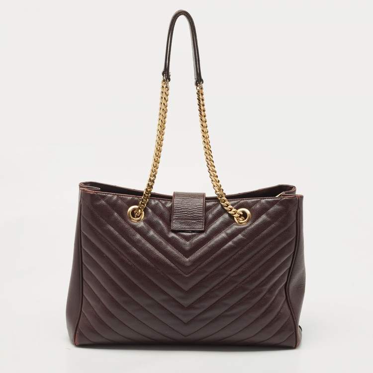 Pre Owned Saint Laurent Burgundy Chevron Leather Cassandre Chain Tote