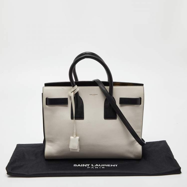 Pre Owned Saint Laurent Off White/Black Leather Small Classic Sac De Jour Tote