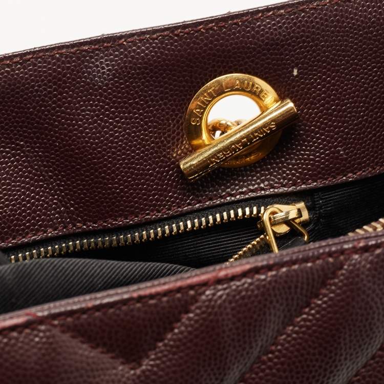 Pre Owned Saint Laurent Burgundy Chevron Leather Classic Monogram Shopping Tote