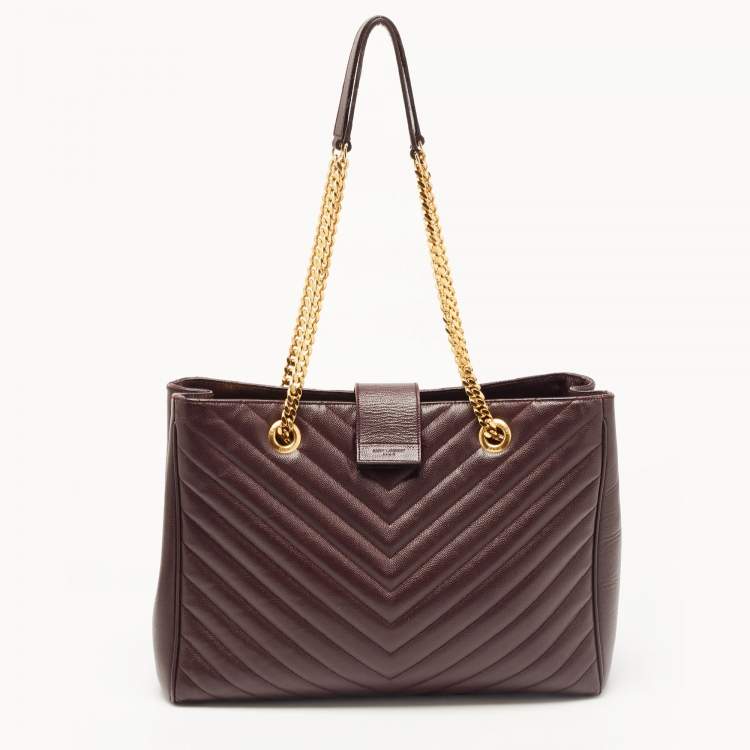 Pre Owned Saint Laurent Burgundy Chevron Leather Classic Monogram Shopping Tote