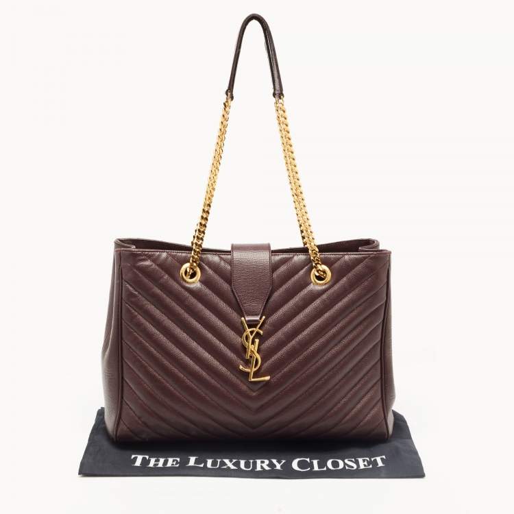 Pre Owned Saint Laurent Burgundy Chevron Leather Classic Monogram Shopping Tote