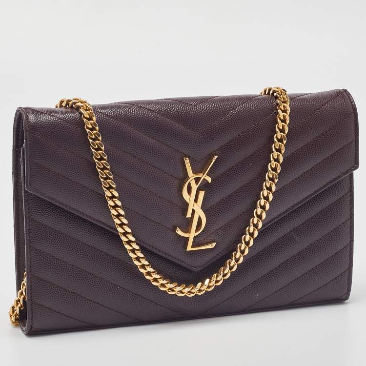 Pre Owned Saint Laurent Burgundy Matelassé Leather Monogram Envelope Wallet on Chain