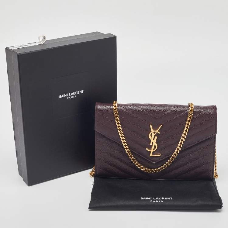 Pre Owned Saint Laurent Burgundy Matelassé Leather Monogram Envelope Wallet on Chain