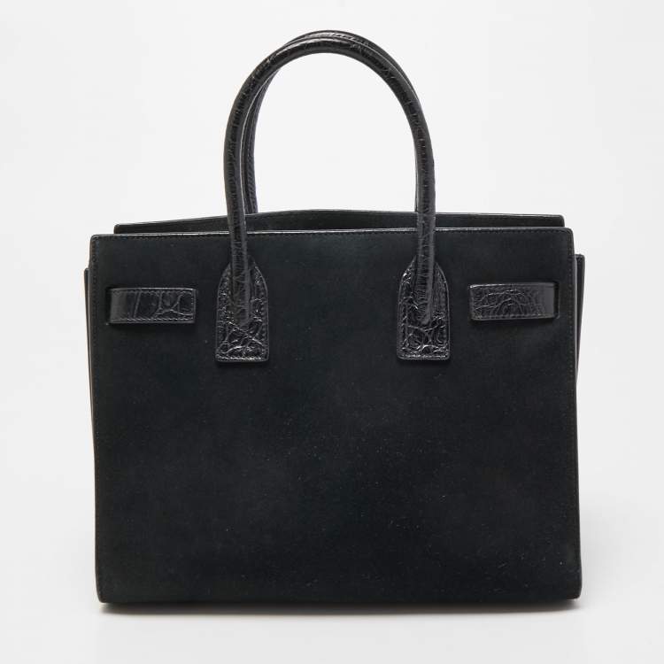 Pre Owned Saint Laurent Black Suede And Croc Embossed Leather Baby Classic Sac De Jour Tote