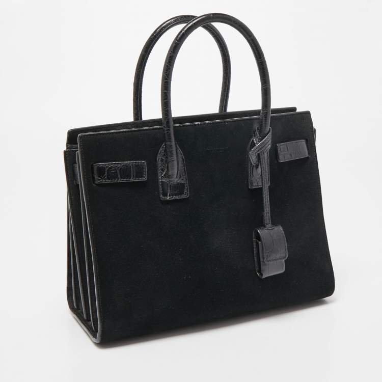 Pre Owned Saint Laurent Black Suede And Croc Embossed Leather Baby Classic Sac De Jour Tote