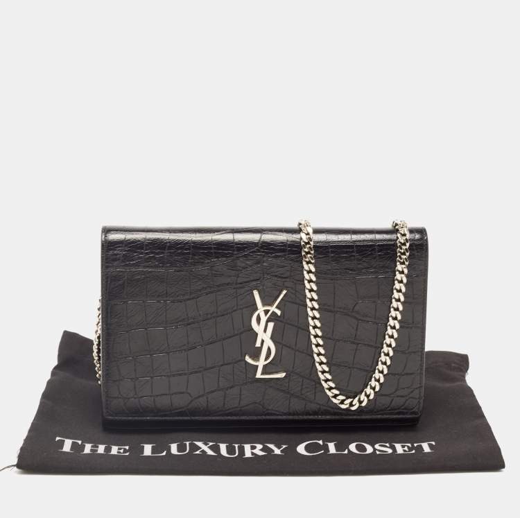 Pre Owned Saint Laurent Black Croc Embossed Leather Kate Clutch