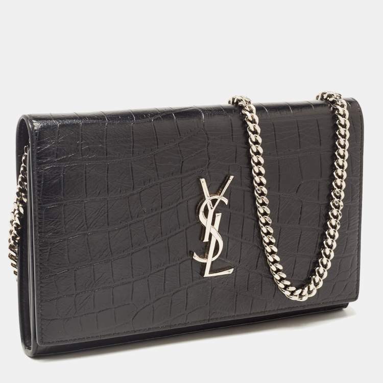 Pre Owned Saint Laurent Black Croc Embossed Leather Kate Clutch