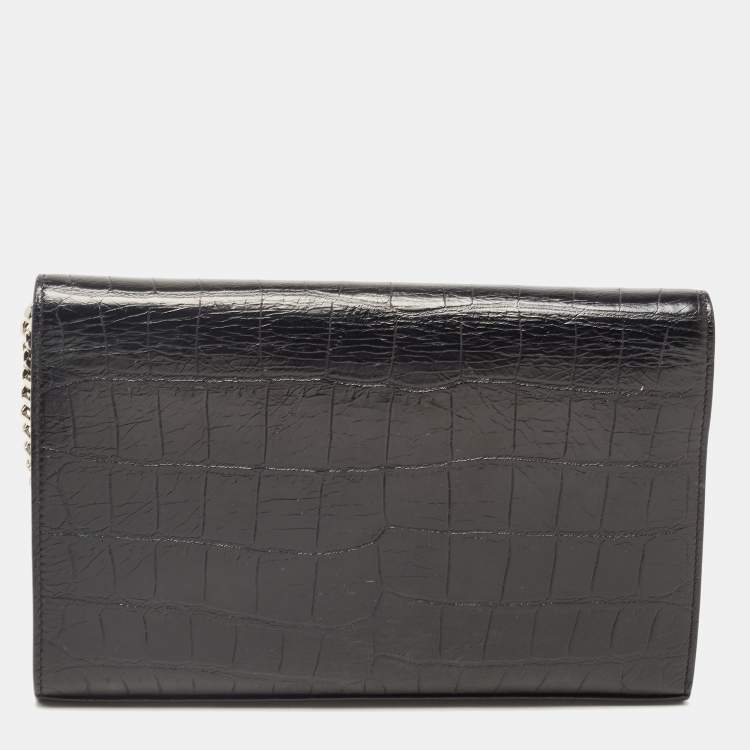 Pre Owned Saint Laurent Black Croc Embossed Leather Kate Clutch