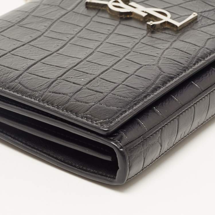 Pre Owned Saint Laurent Black Croc Embossed Leather Kate Clutch