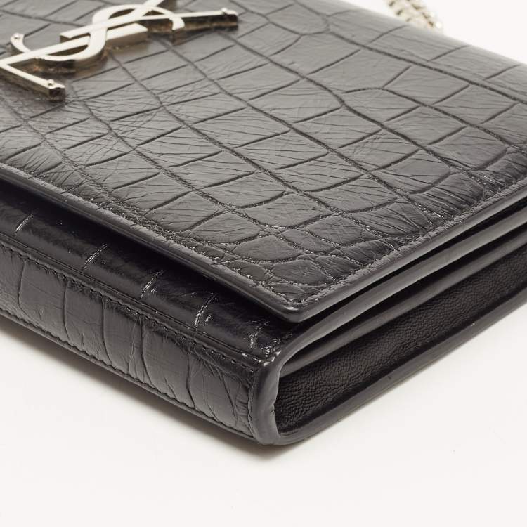 Pre Owned Saint Laurent Black Croc Embossed Leather Kate Clutch