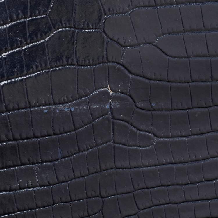 Pre Owned Saint Laurent Navy Blue Croc Embossed Leather Medium Sunset Shoulder Bag