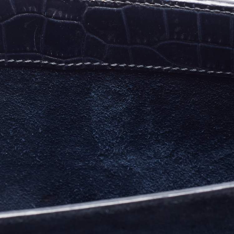 Pre Owned Saint Laurent Navy Blue Croc Embossed Leather Medium Sunset Shoulder Bag