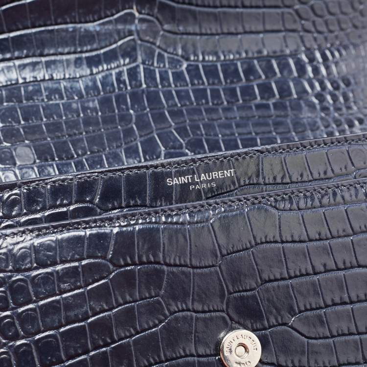 Pre Owned Saint Laurent Navy Blue Croc Embossed Leather Medium Sunset Shoulder Bag