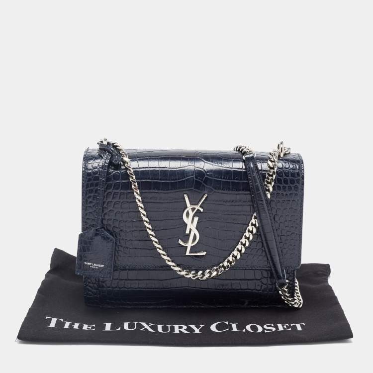 Pre Owned Saint Laurent Navy Blue Croc Embossed Leather Medium Sunset Shoulder Bag