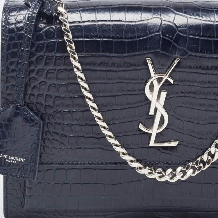 Pre Owned Saint Laurent Navy Blue Croc Embossed Leather Medium Sunset Shoulder Bag