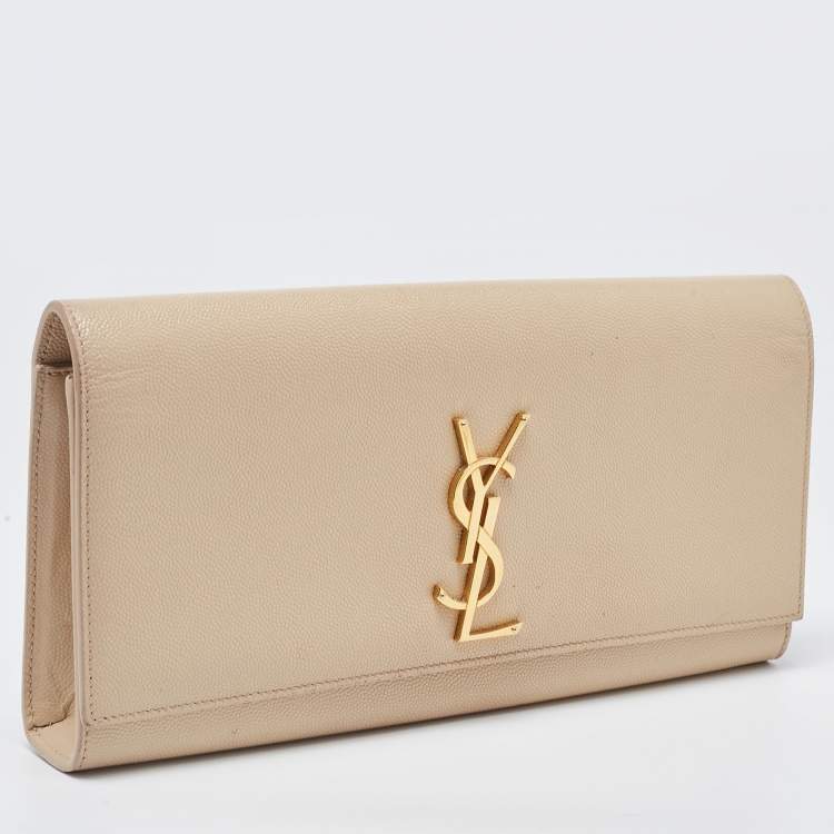 Pre Owned Saint Laurent Beige Leather Cassandra Flap Clutch 