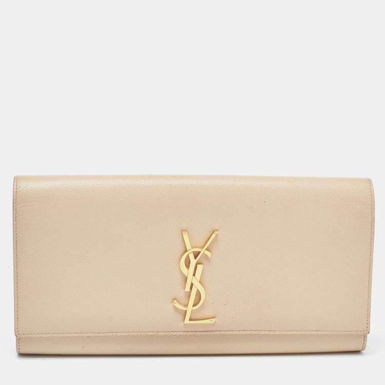 Pre Owned Saint Laurent Beige Leather Cassandra Flap Clutch 