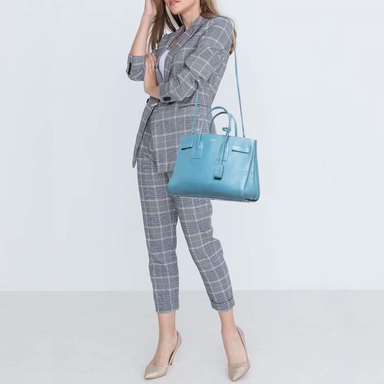 Pre Owned Saint Laurent Light Blue Leather Small Classic Sac De Jour Tote