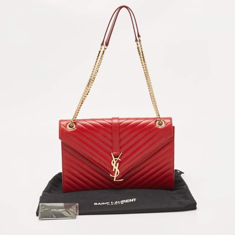 Pre Owned Saint Laurent Red Matelassé Leather Large Monogram Envelope Shoulder Bag