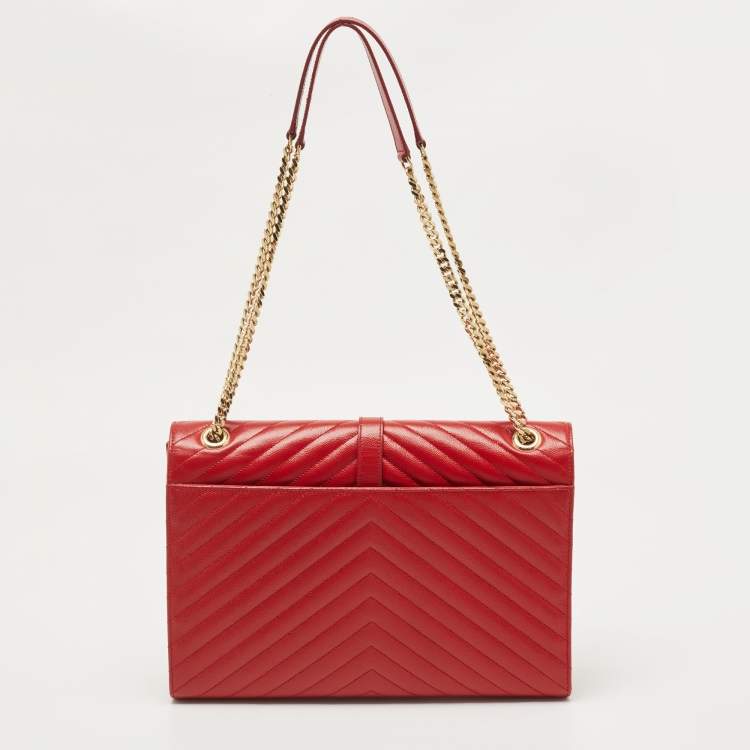 Pre Owned Saint Laurent Red Matelassé Leather Large Monogram Envelope Shoulder Bag