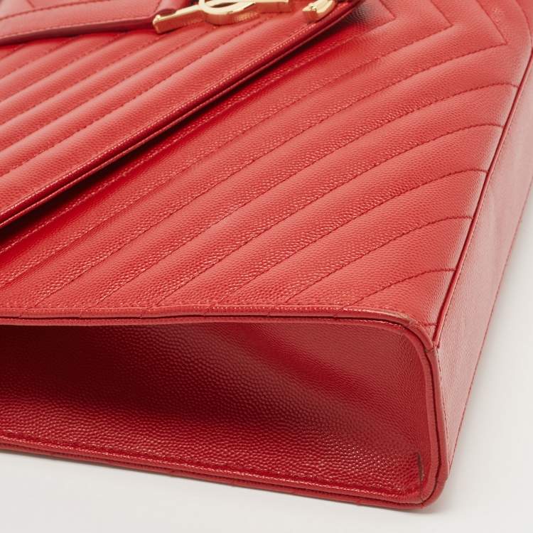 Pre Owned Saint Laurent Red Matelassé Leather Large Monogram Envelope Shoulder Bag