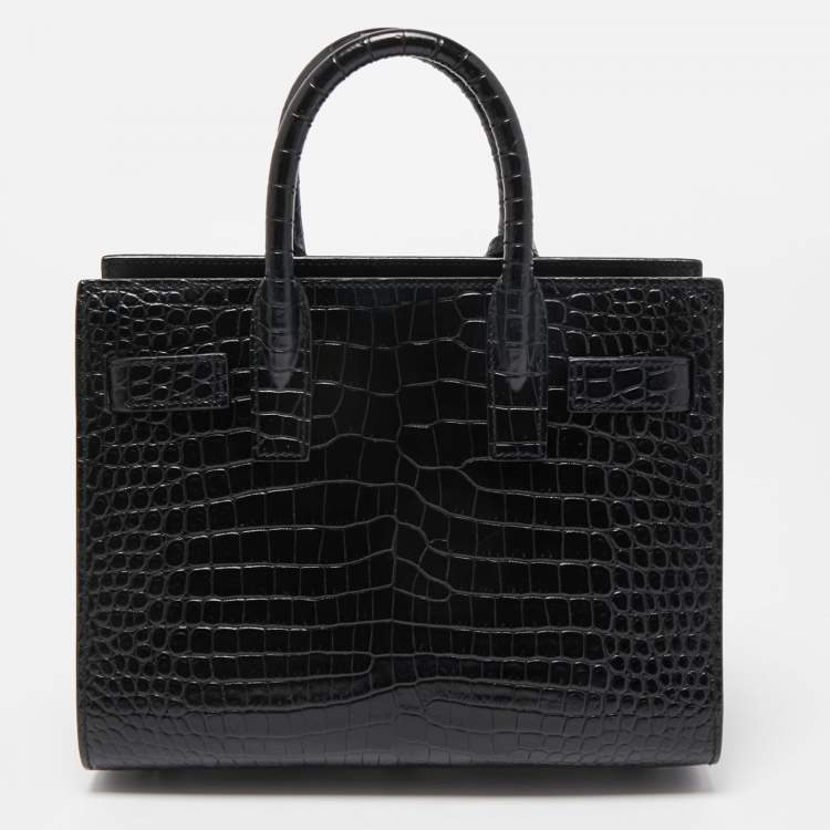 Pre Owned Saint Laurent Black Croc Embossed Leather Nano Classic Sac De Jour Tote