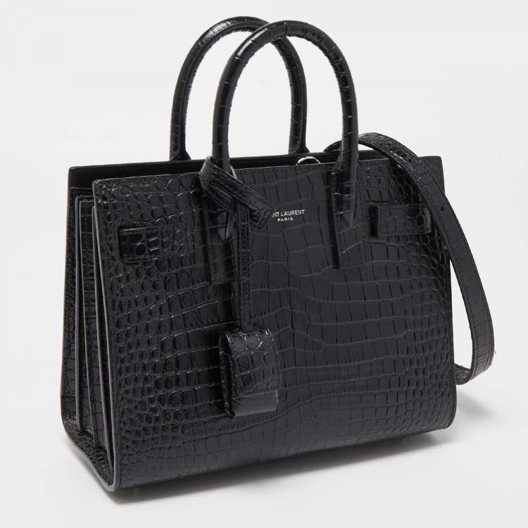 Pre Owned Saint Laurent Black Croc Embossed Leather Nano Classic Sac De Jour Tote