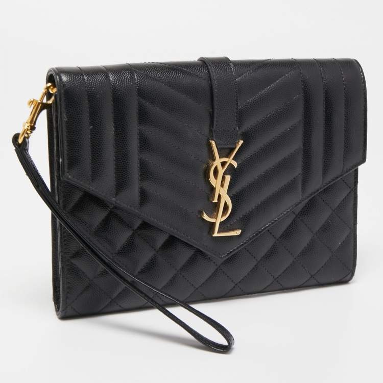 مملوكة مسبقًا Saint Laurent Black Leather Envelope Flap Wristlet Clutch 