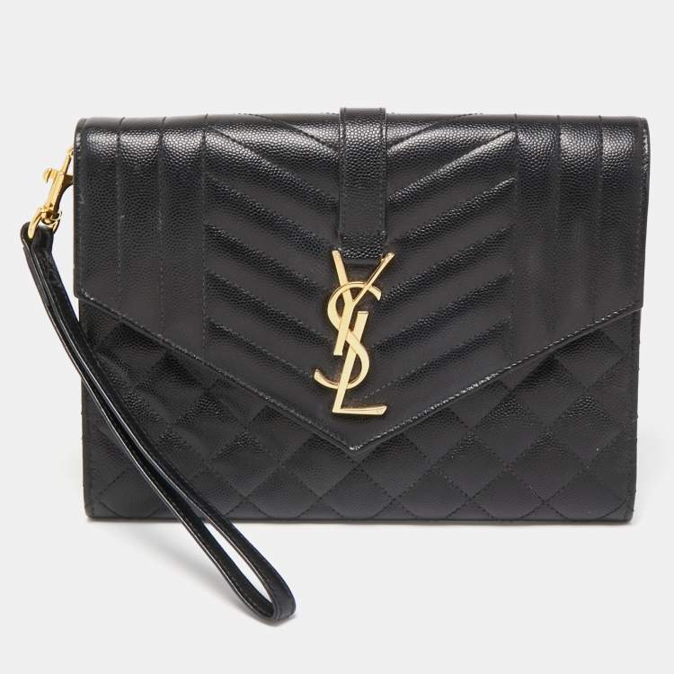 مملوكة مسبقًا Saint Laurent Black Leather Envelope Flap Wristlet Clutch 