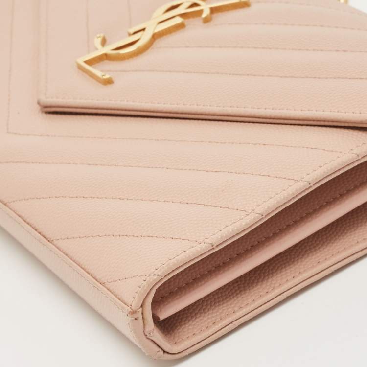 Pre Owned Saint Laurent Old Rose Matelassé Leather Cassandre Wallet on Chain