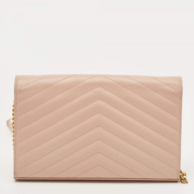 Pre Owned Saint Laurent Old Rose Matelassé Leather Cassandre Wallet on Chain