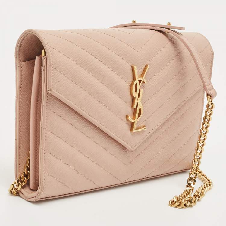 Pre Owned Saint Laurent Old Rose Matelassé Leather Cassandre Wallet on Chain