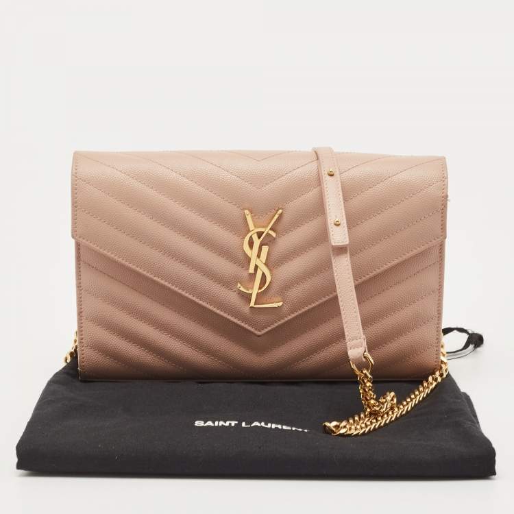 Pre Owned Saint Laurent Old Rose Matelassé Leather Cassandre Wallet on Chain