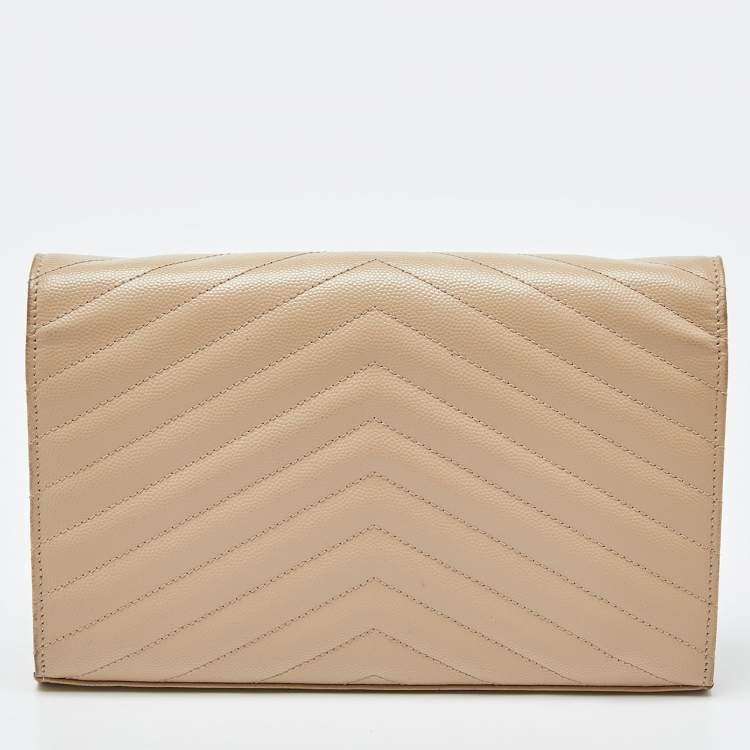 Pre Owned Saint Laurent Beige Matelasse Leather Monogram Envelope Wallet on Chain