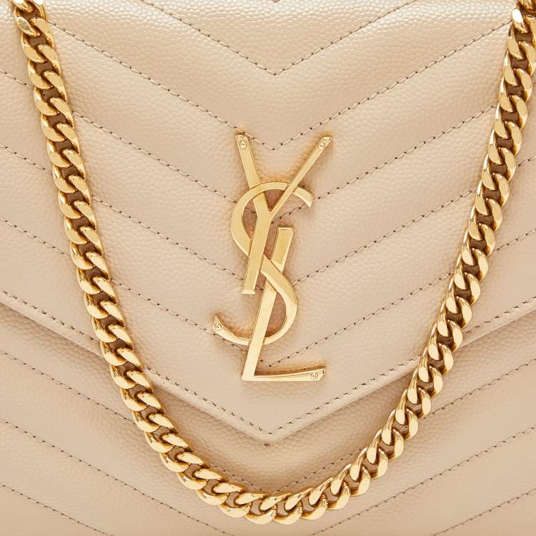 Pre Owned Saint Laurent Beige Matelasse Leather Monogram Envelope Wallet on Chain