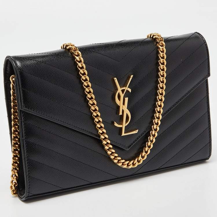 Pre Owned Saint Laurent Black Matelasse Leather Monogram Envelope Wallet on Chain