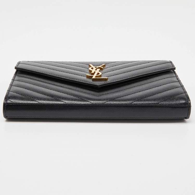 Pre Owned Saint Laurent Black Matelasse Leather Monogram Envelope Wallet on Chain