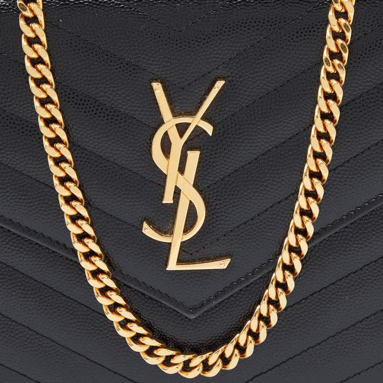 Pre Owned Saint Laurent Black Matelasse Leather Monogram Envelope Wallet on Chain