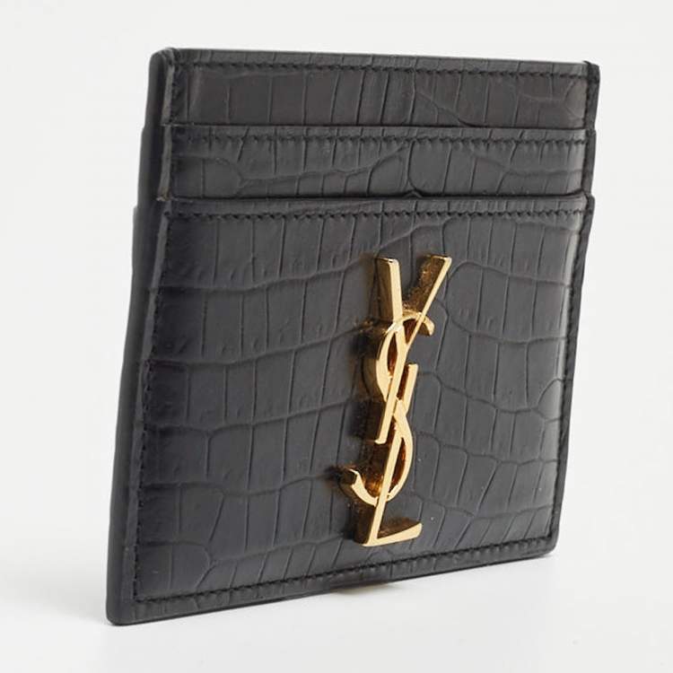 Pre Owned Saint Laurent Black Croc Embossed Leather Monogram Card Holder