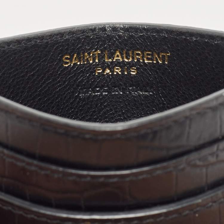 Pre Owned Saint Laurent Black Croc Embossed Leather Monogram Card Holder
